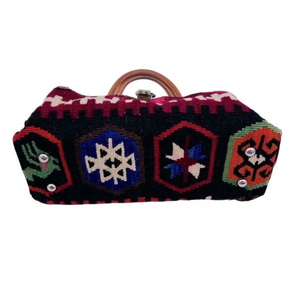 The Elephant Walk Bag Leather Fabric Red Brown Hand Crafted - Picture 4 of 7